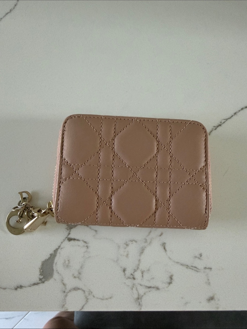 Dior Quilted Leather Zip Card Holder in Taupe with Gold Hardware